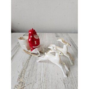 Vintage plastic rosbro Santa sleigh reindeer Xmas decor white red stance
